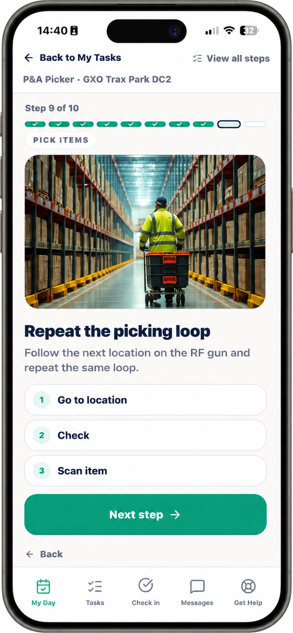 Visual Task Guide screen showing step 9 of 10, repeat the picking loop, with three numbered sub-steps and a next step button.