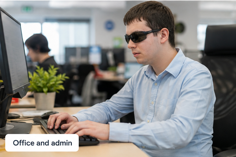 A young office worker typing at a desk with a monitor in an open-plan office.