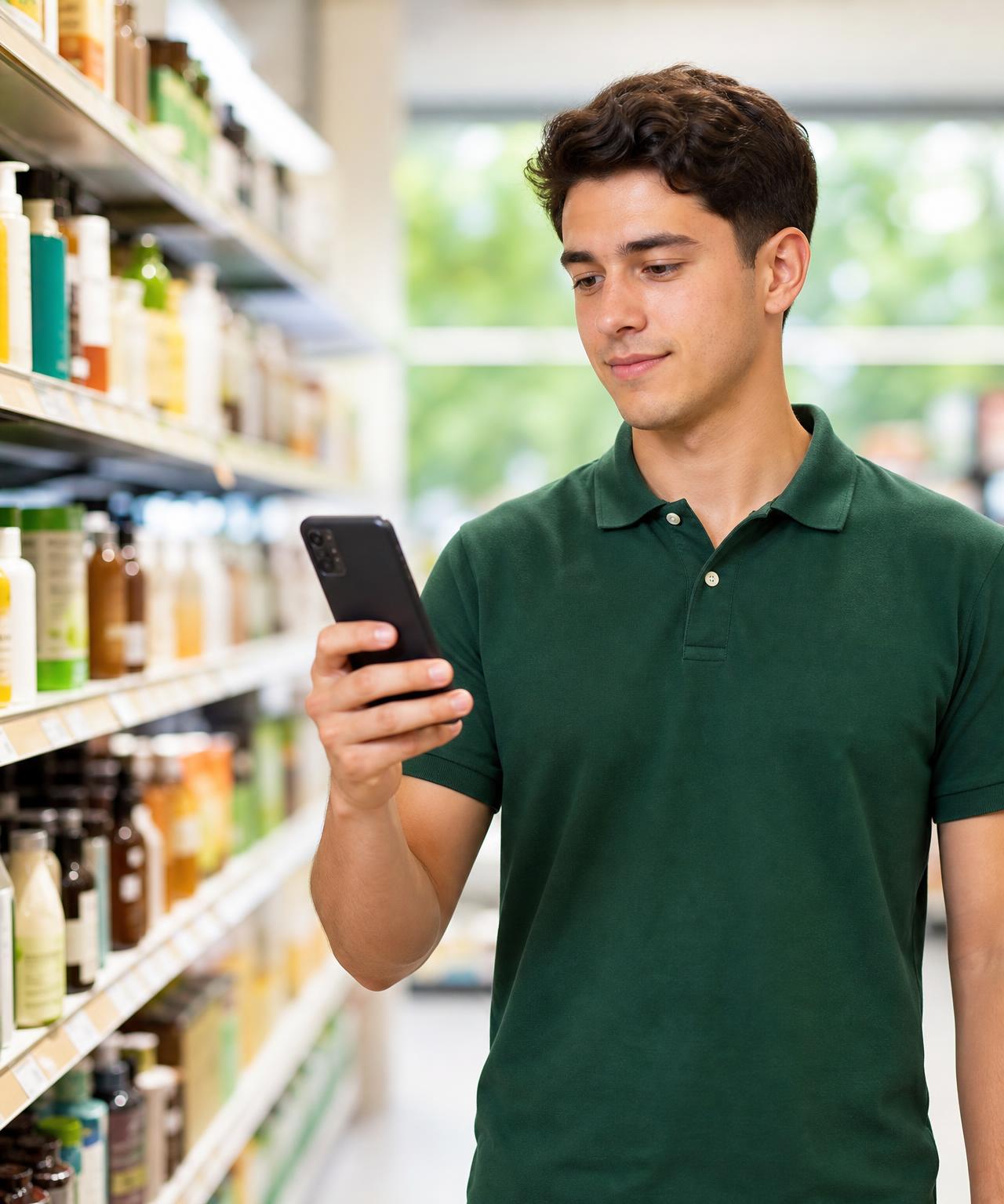 A young adult at work in a supermarket aisle, looking at My Work Buddy on their phone.